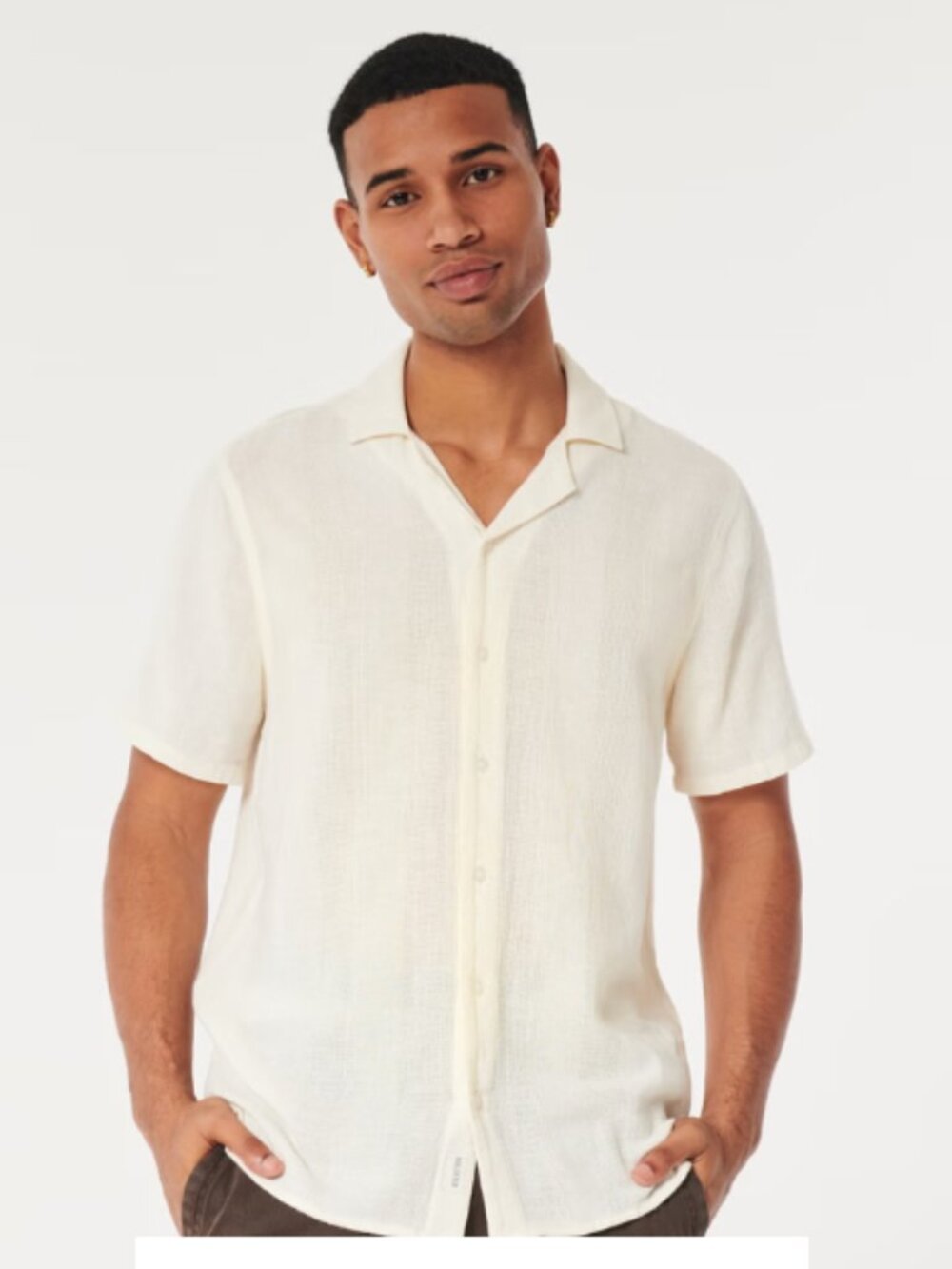 *Hollister* Textured Short-Sleeve Button-Through Shirt - Off White - LARGE